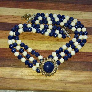 Monet Vintage Runway Three Strand Navy Blue & Cream Bead Choker Necklace